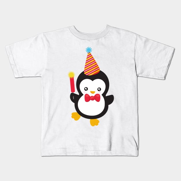 New Year Penguin, Party Hat, Firecracker, Bow Tie Kids T-Shirt by Jelena Dunčević